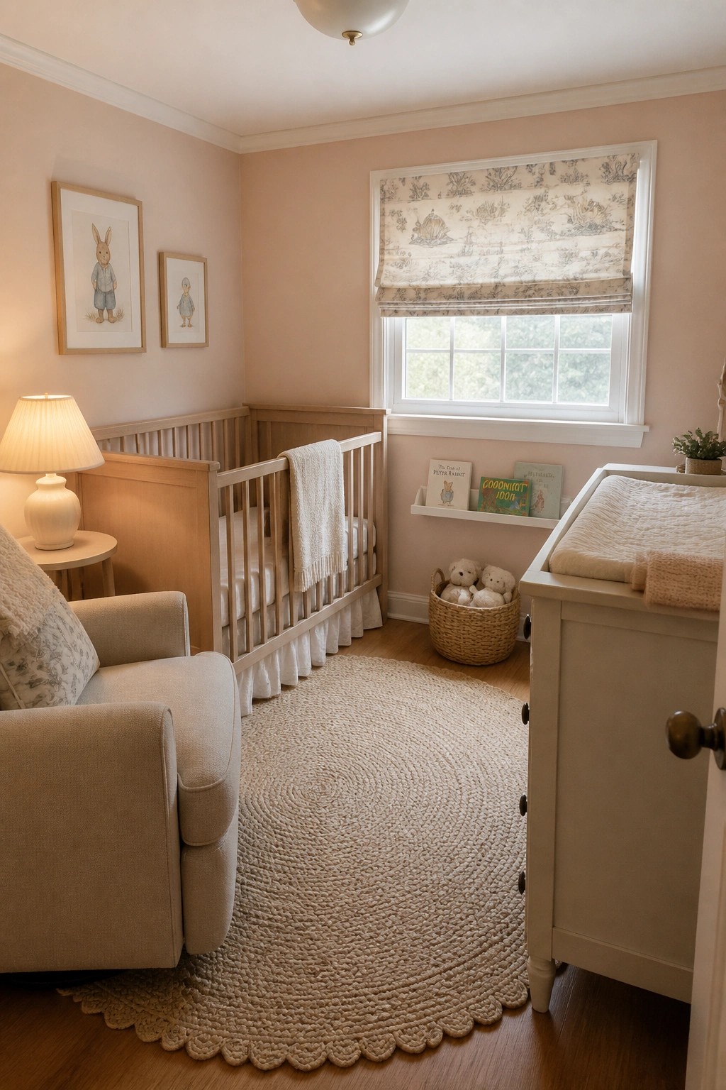 Cozy pink nursery with wooden crib, armchair, changing table, and round rug