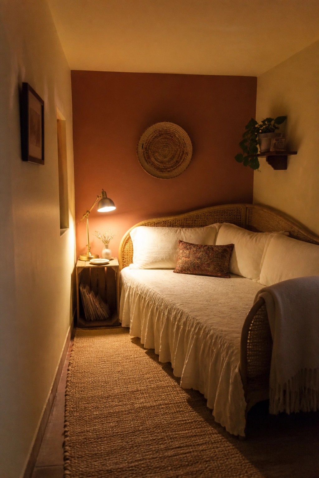 Cozy rattan daybed with white linens beside lit lamp on terracotta wall.