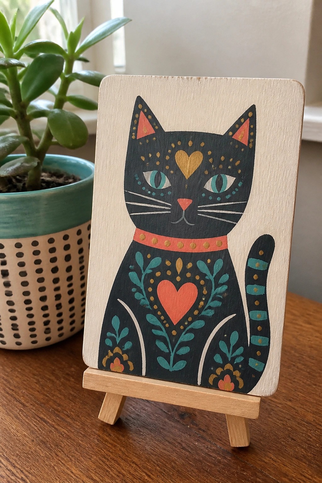 A small wooden plaque painted with a black cat design featuring hearts, leaves, and gold dots, displayed on a wooden easel next to a potted plant.