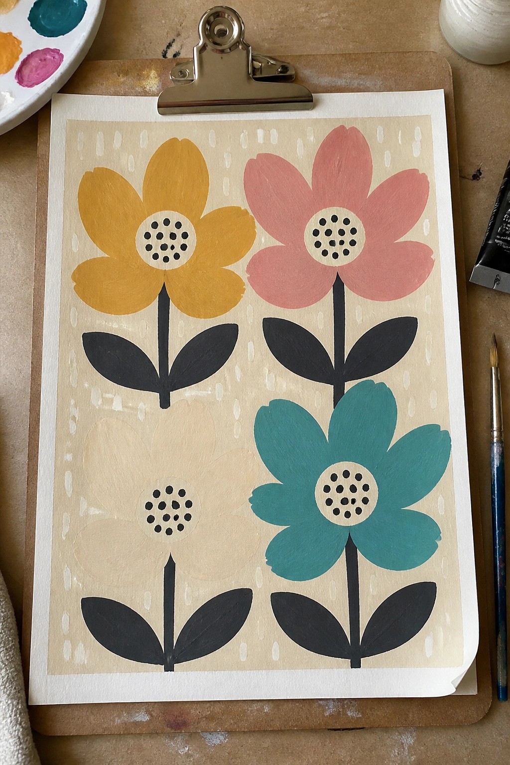 Four stylized flowers painted in solid yellow, pink, beige, and teal with black stems and leaves on a light background with white dashes.