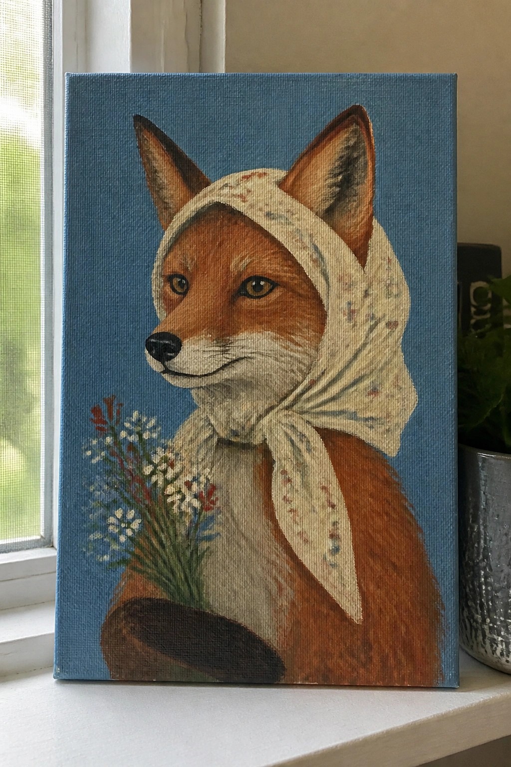 Anthropomorphic fox in floral headscarf holds wildflower bouquet on blue canvas.