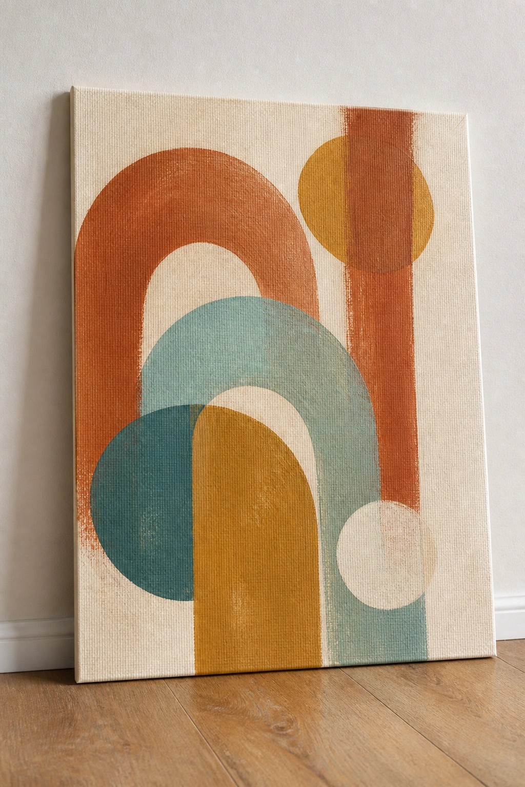 Abstract canvas with orange arches, teal and yellow circles, leaning on wooden floor.