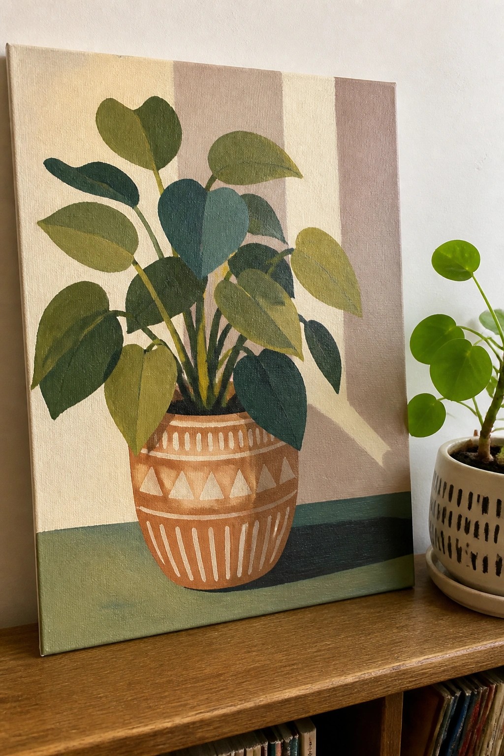 Stylized painting of leafy plant in patterned terracotta pot on wooden shelf