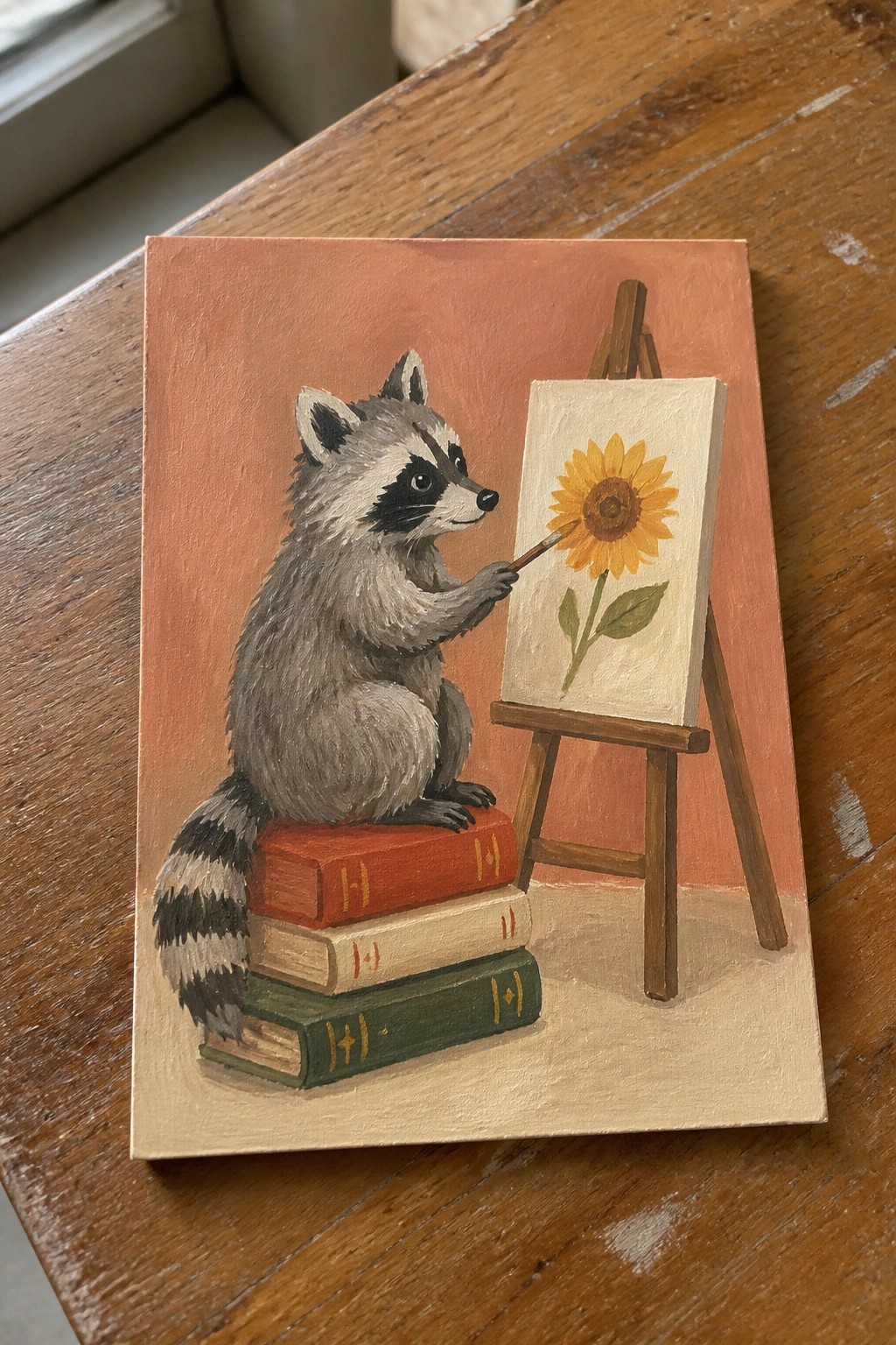 Raccoon sits on stacked books painting sunflower on canvas atop wooden easel