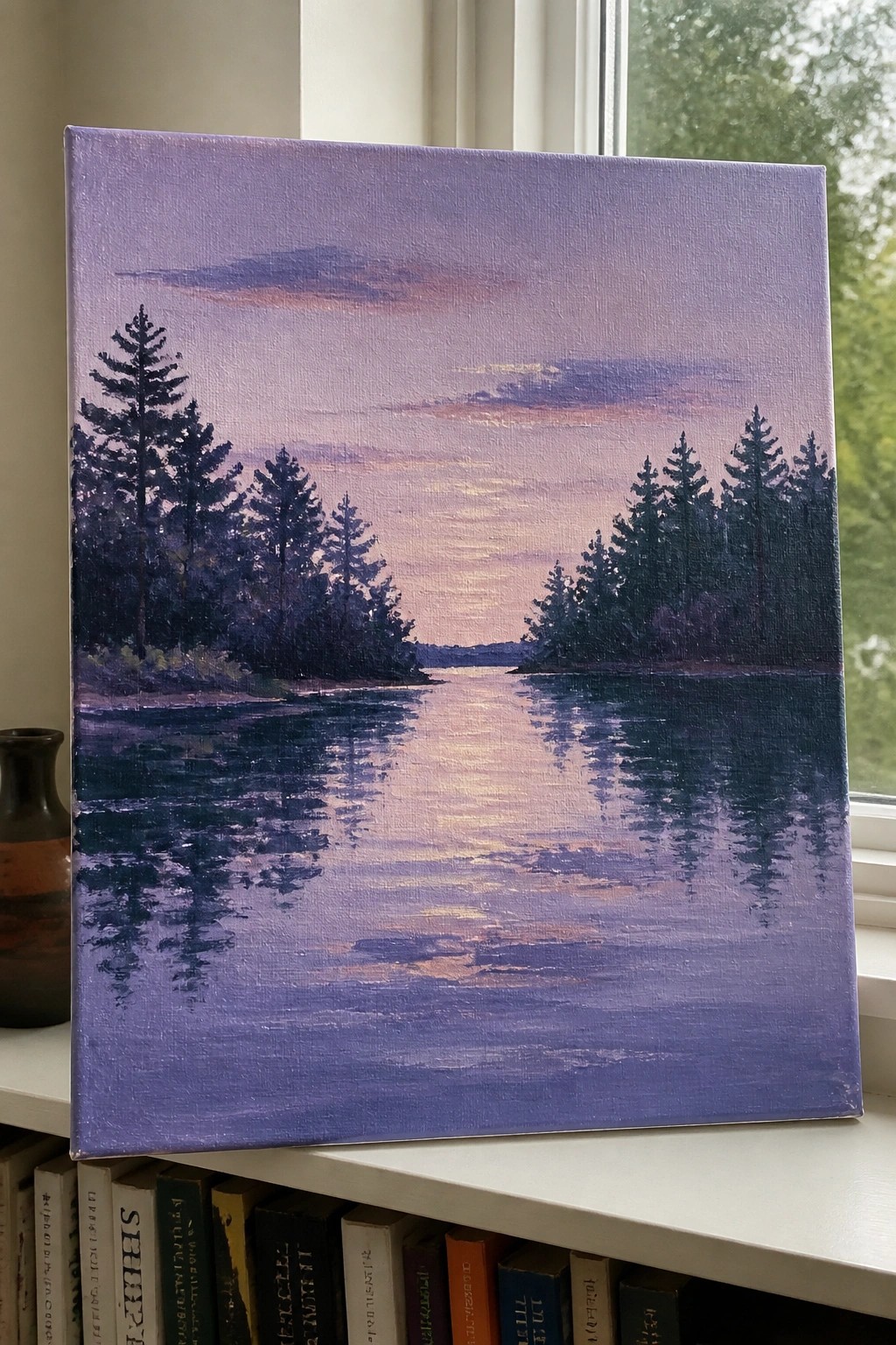 Purple sunset painting of reflective lake flanked by dark pine trees on windowsill.
