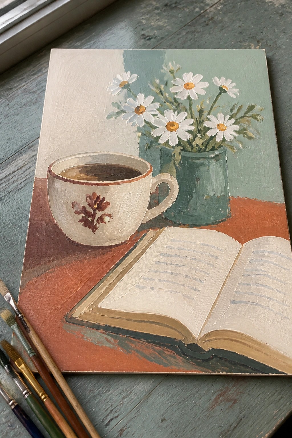 Still life painting of open book, coffee cup, and daisies in green vase on table.