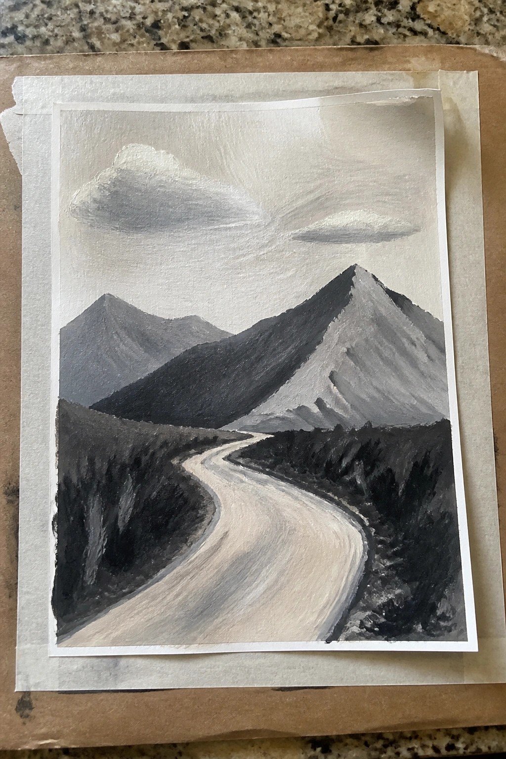 Grayscale painting of a winding road curving through dark mountain peaks under clouds