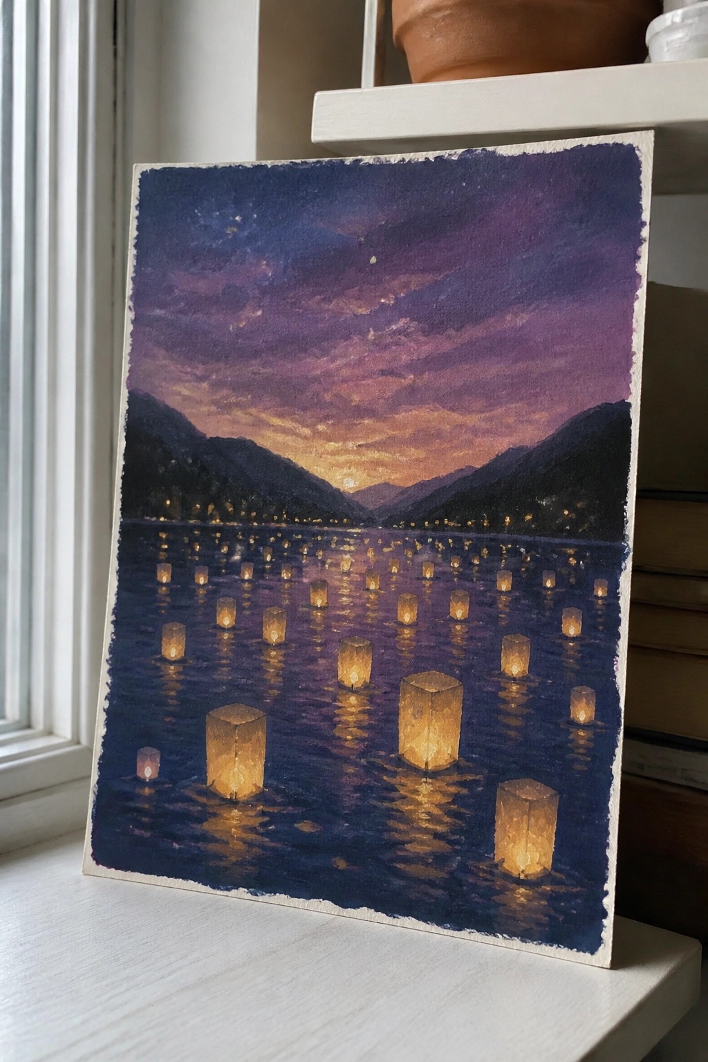 Glowing lanterns float on dark water beneath a purple-orange sunset sky with mountains.