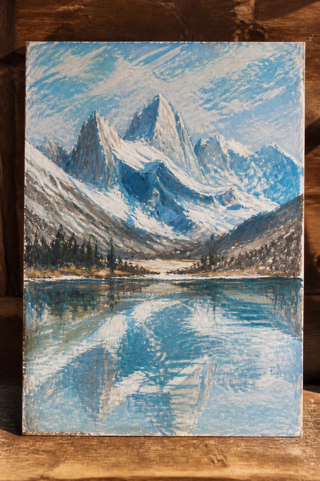 Impressionistic oil painting of snow-capped mountains reflected in a blue lake on wood.