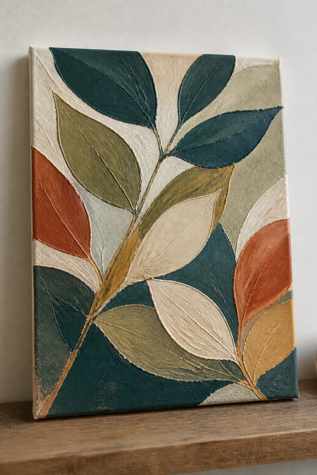 An oil painting of overlapping leaves in teal, green, rust, and beige tones on a canvas with visible texture.
