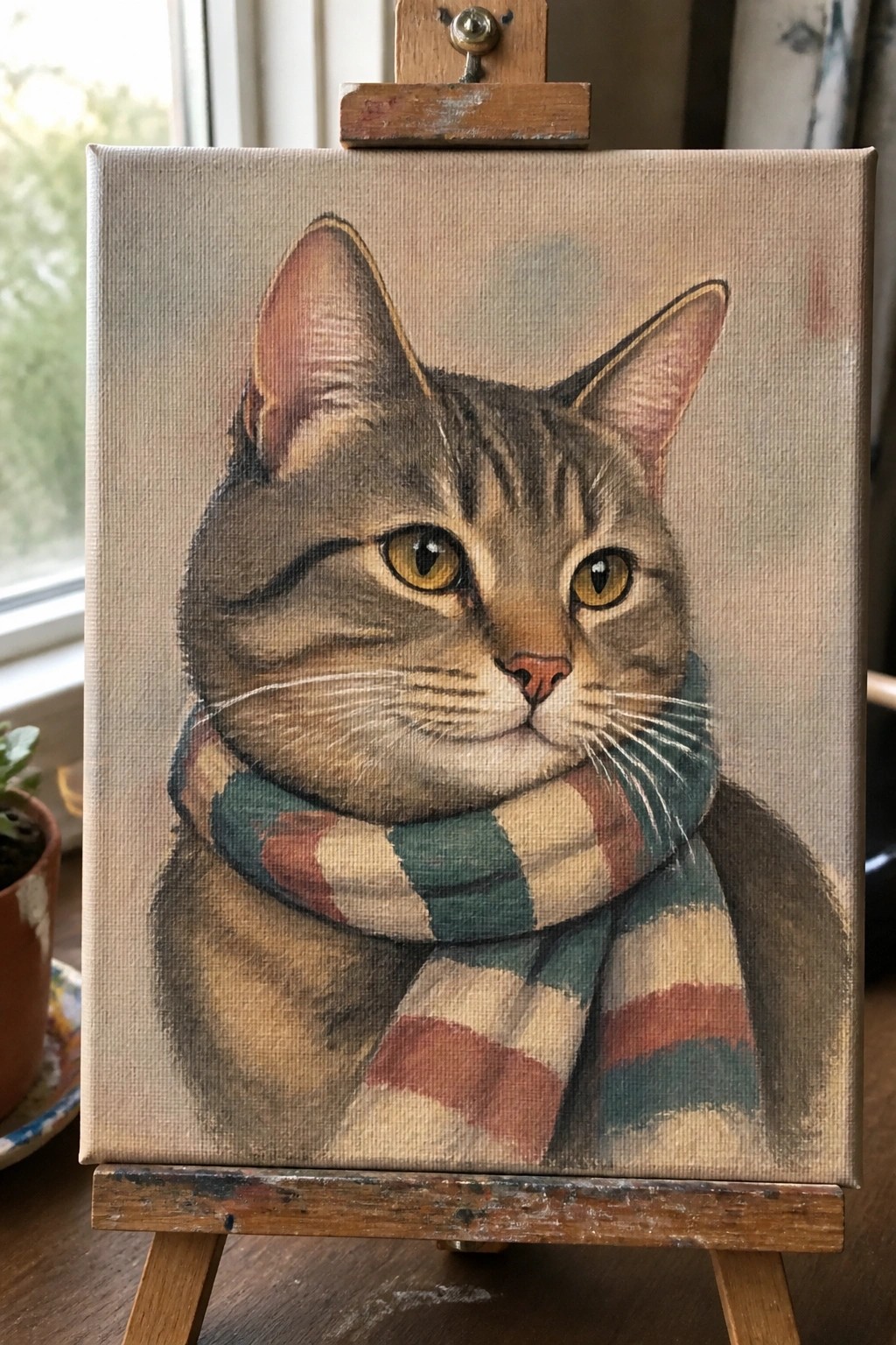 Realistic painting of tabby cat wearing green-red striped scarf on wooden easel.