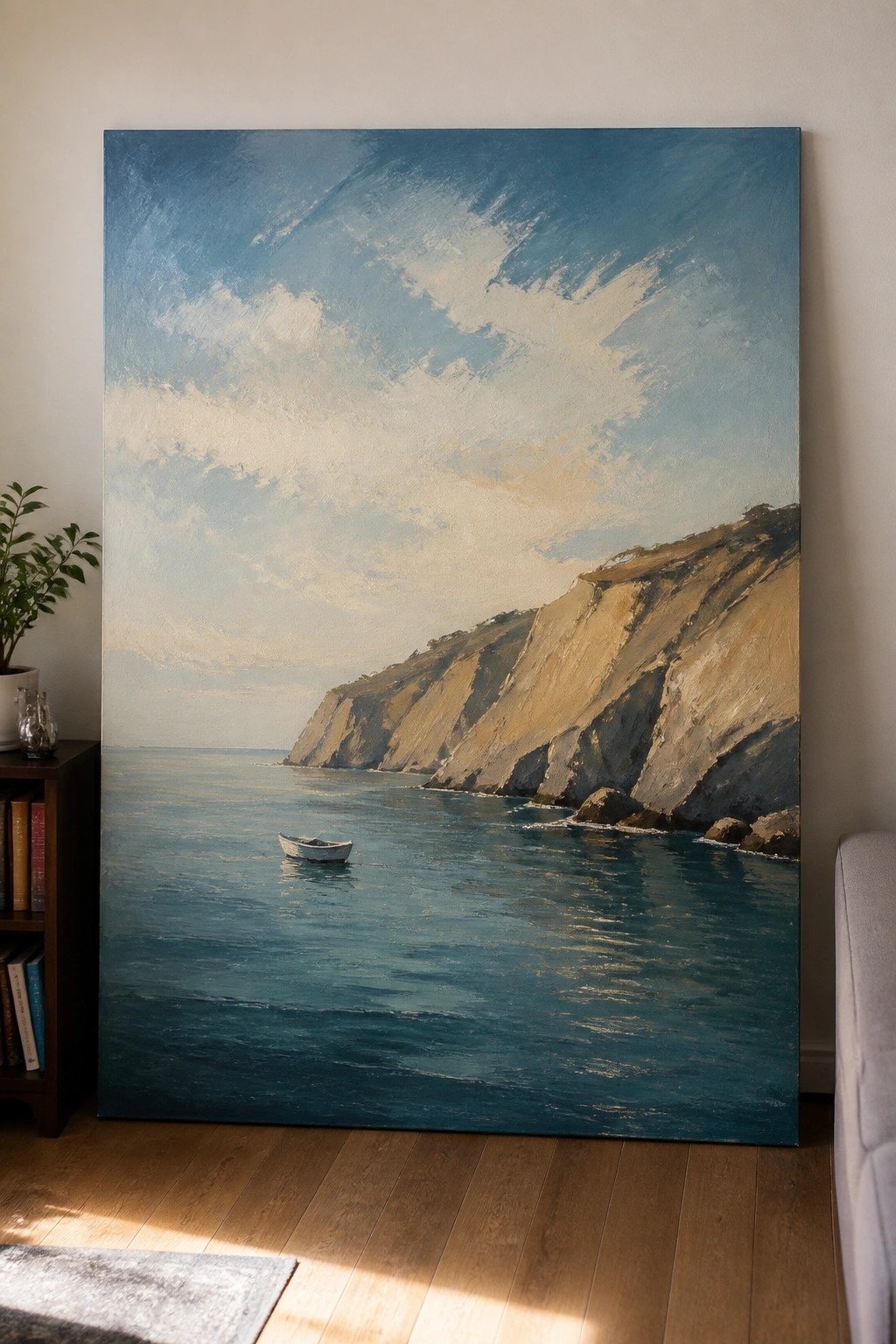 Large oil painting of blue sea, rocky cliffs, and small boat in room