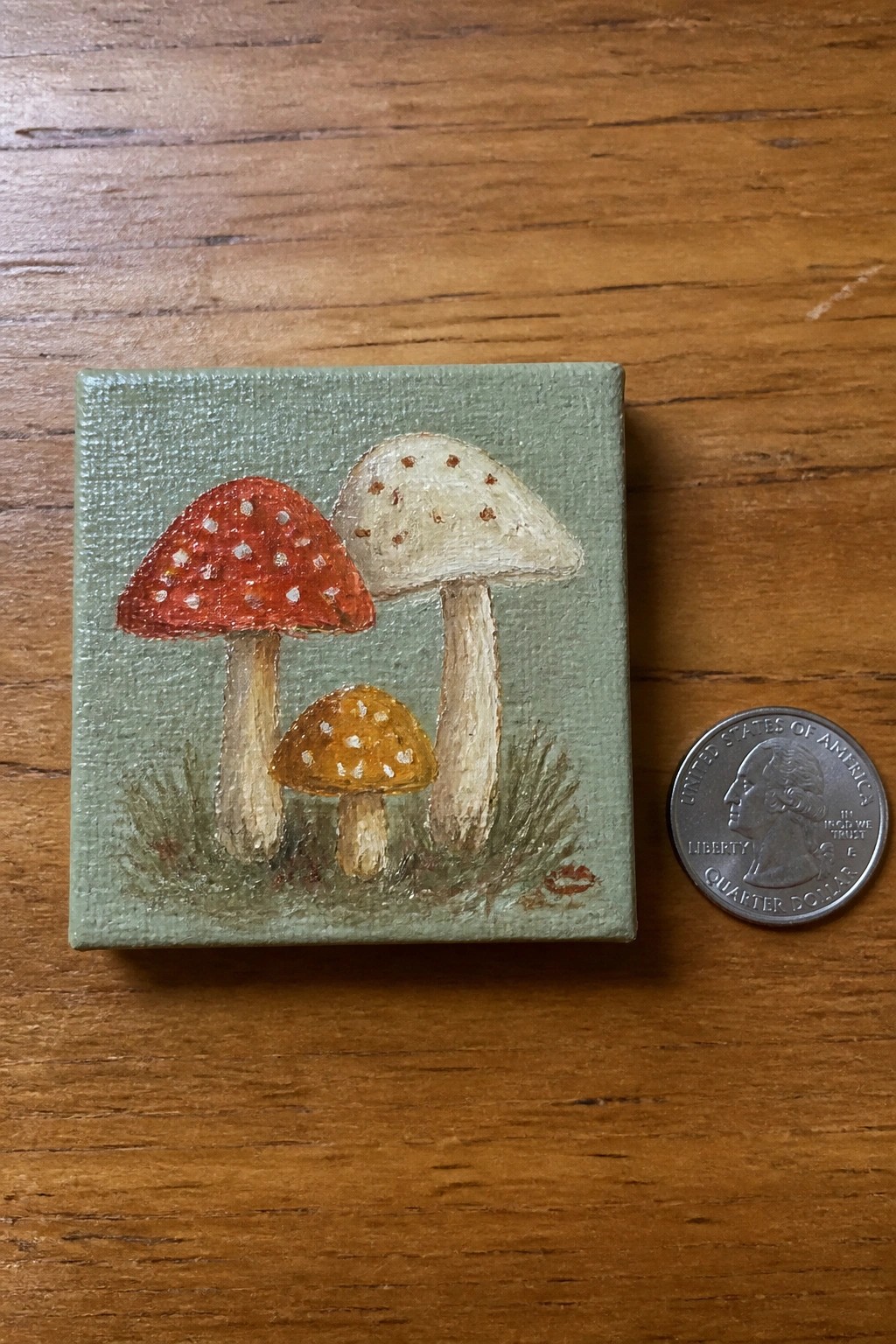 Mini canvas painting of three spotted mushrooms beside a US quarter on wood.