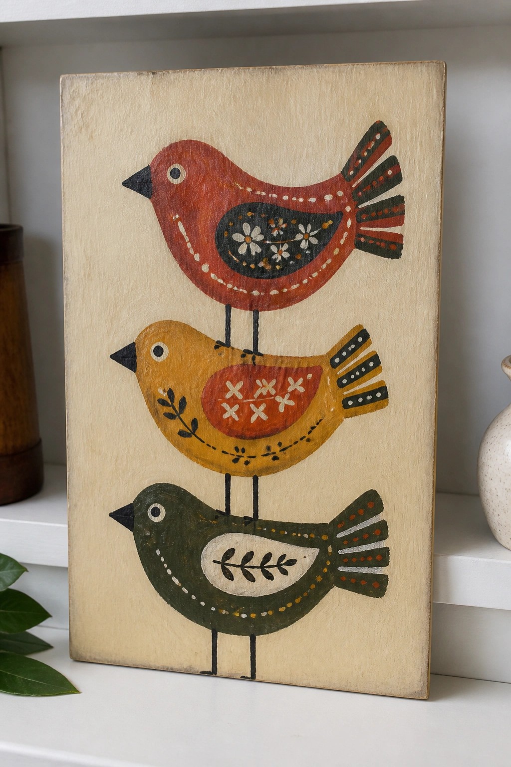 Three stacked folk-art birds in red, yellow, and green on wood.