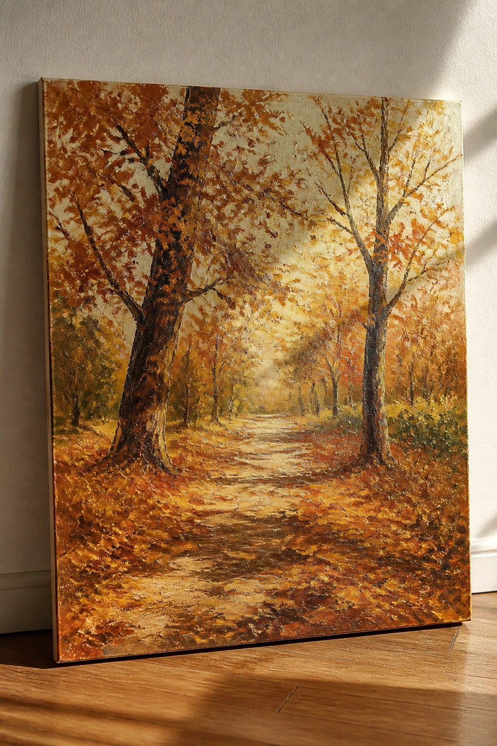 Autumn painting of leaf-strewn path through golden-orange trees leaning on wall