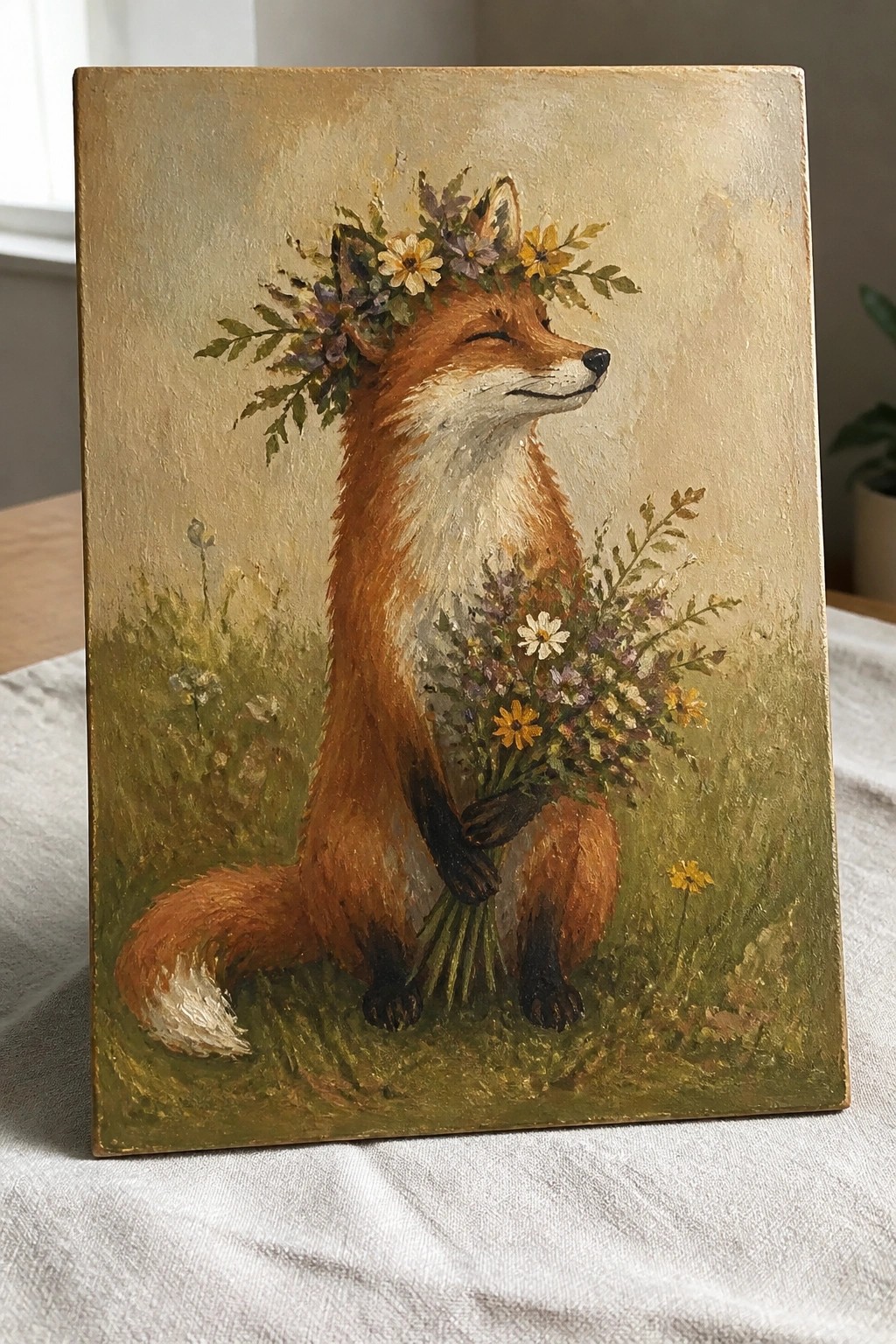 An oil painting of a fox sitting upright in grass, holding a bouquet of flowers with a flower crown on its head.