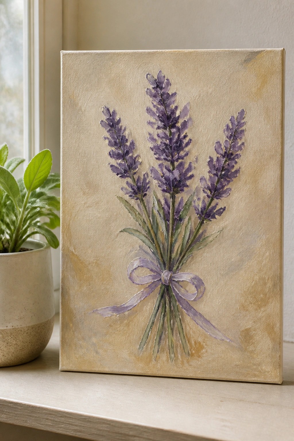 Painted canvas of lavender bouquet tied with purple ribbon beside potted plant.