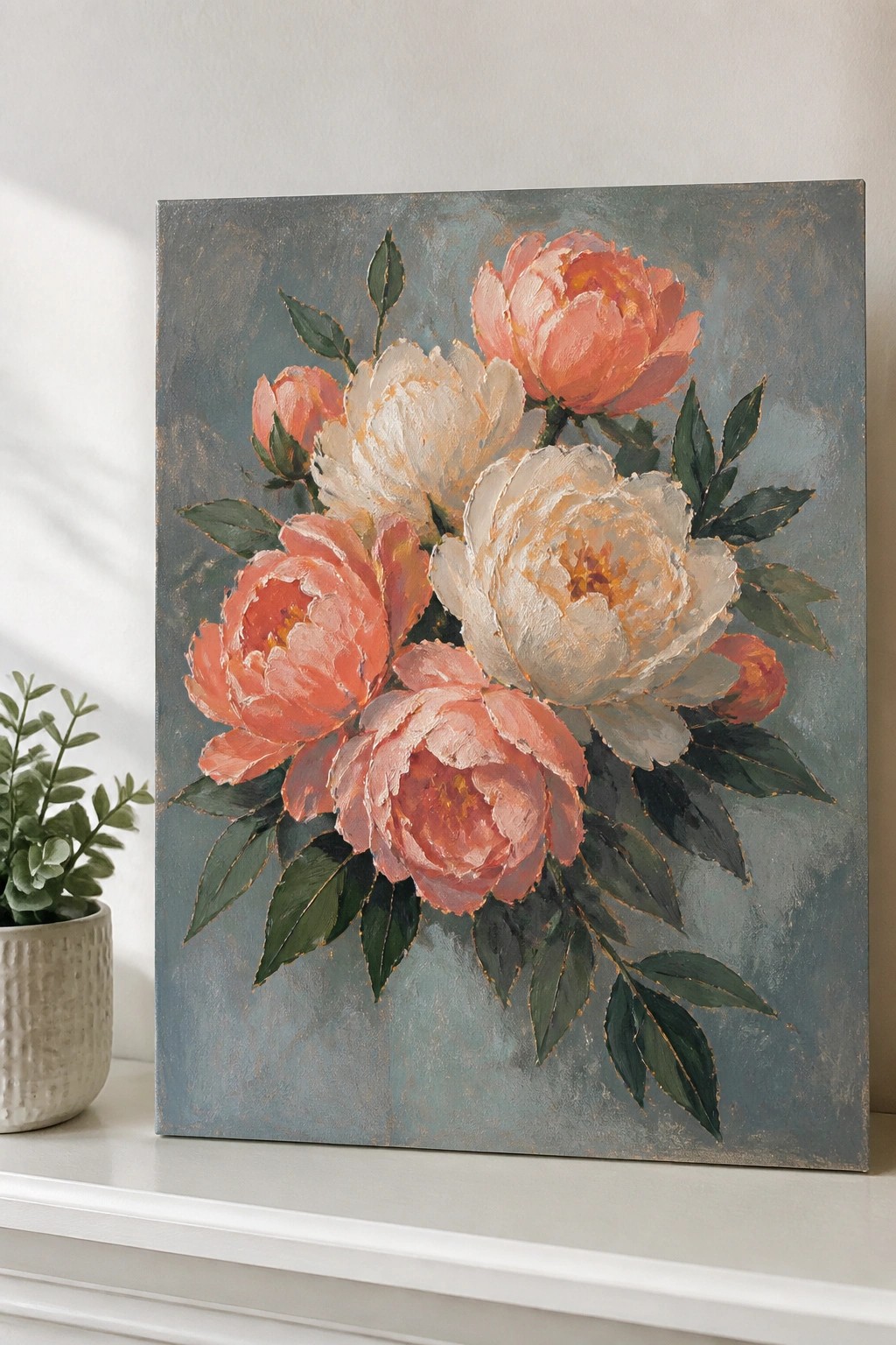 Oil painting of coral and white peonies with green leaves on blue-gray background