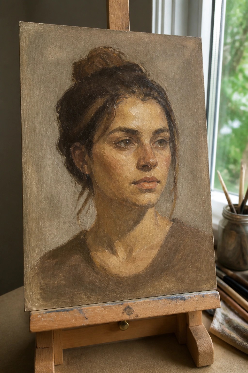 Realistic oil portrait of woman with dark hair in bun on wooden easel near window.