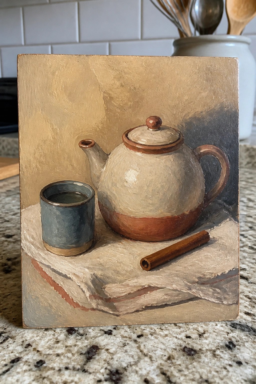 Oil painting of white teapot, blue cup, and cinnamon stick on cloth