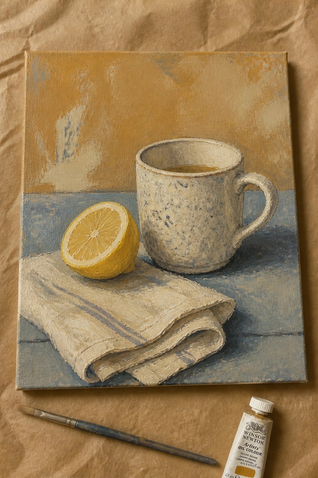 Oil painting of speckled mug, lemon half on cloth, with paintbrush and tube.