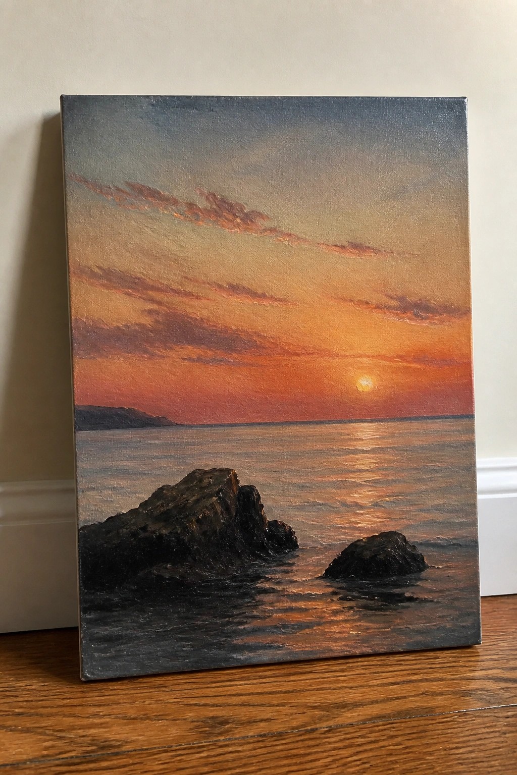 Realistic oil painting of vibrant orange sunset over ocean with dark foreground rocks