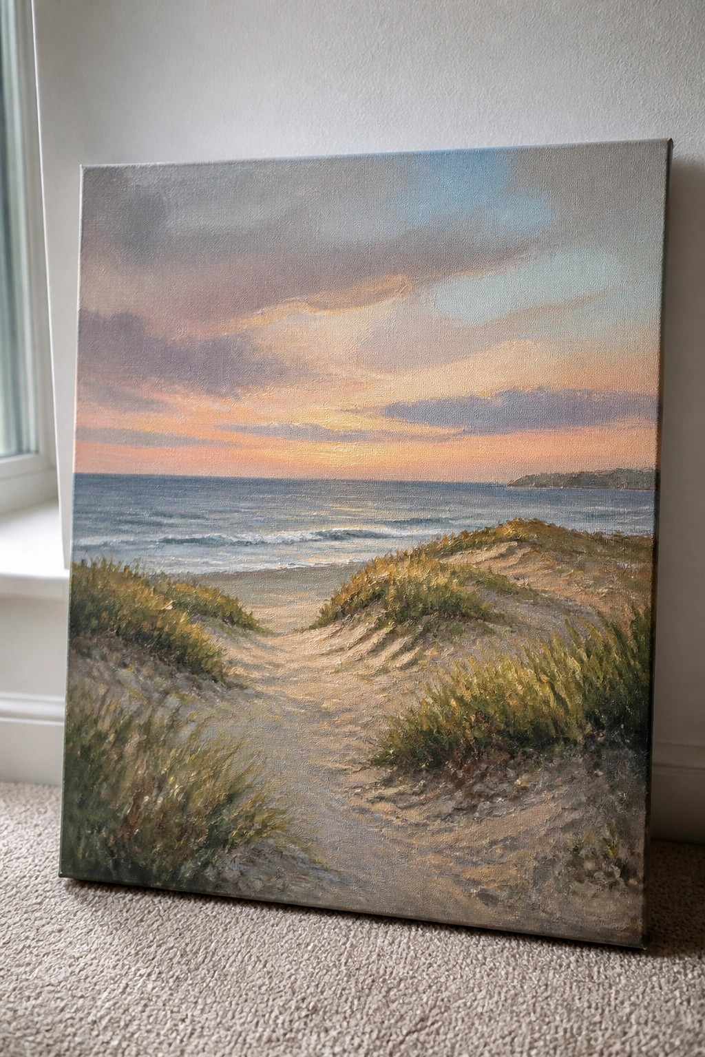 Realistic painting of grassy sand dunes path to ocean waves under vibrant sunset sky