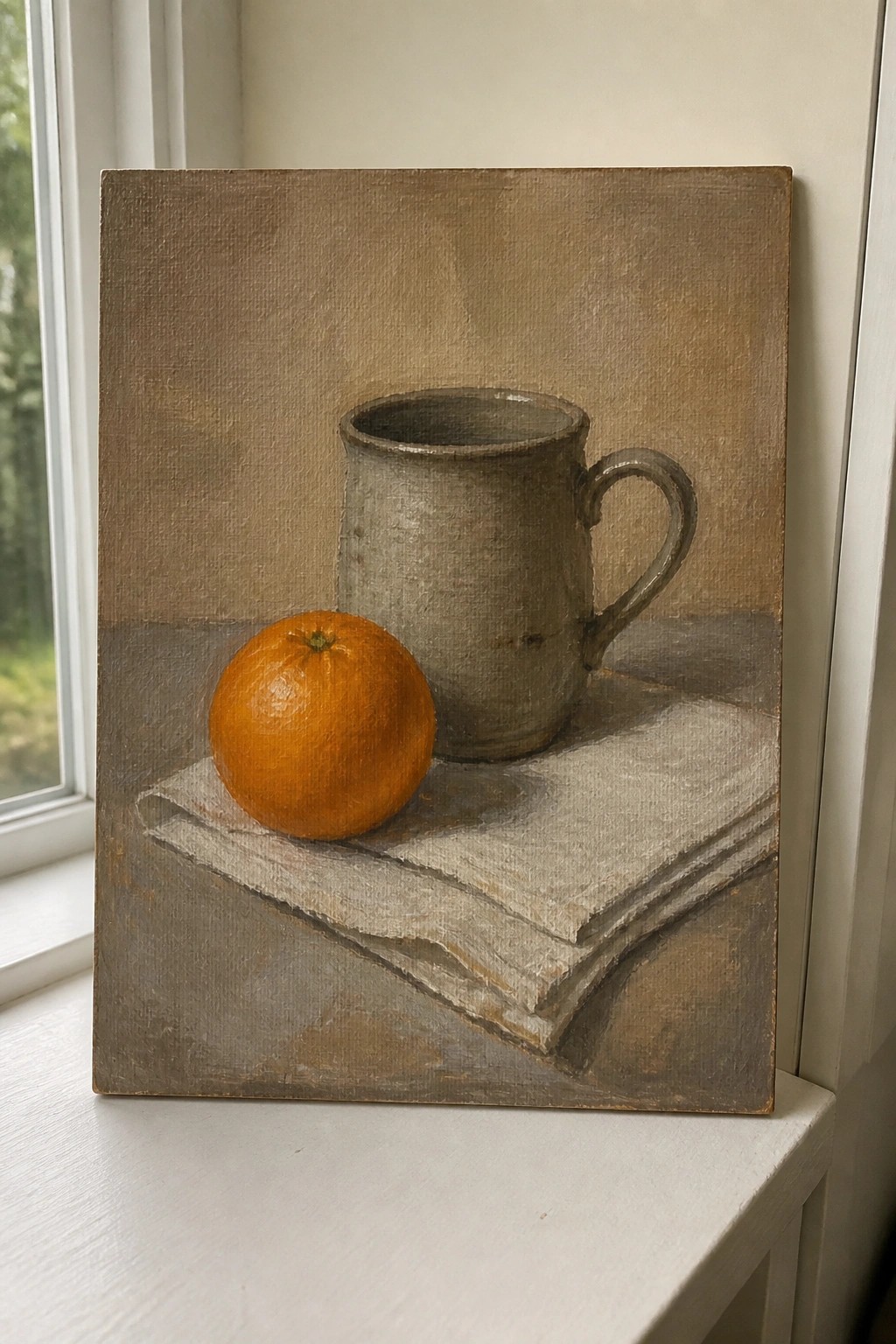 Realistic painting of a vibrant orange beside a gray mug on papers by a window.