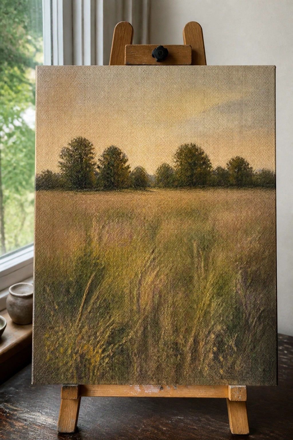 Landscape painting of golden field with trees on wooden easel
