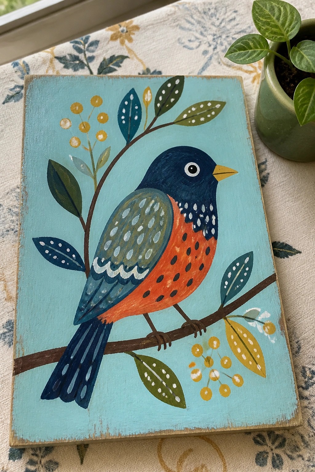 Folk art painting of blue-headed bird with orange spotted breast on teal wood