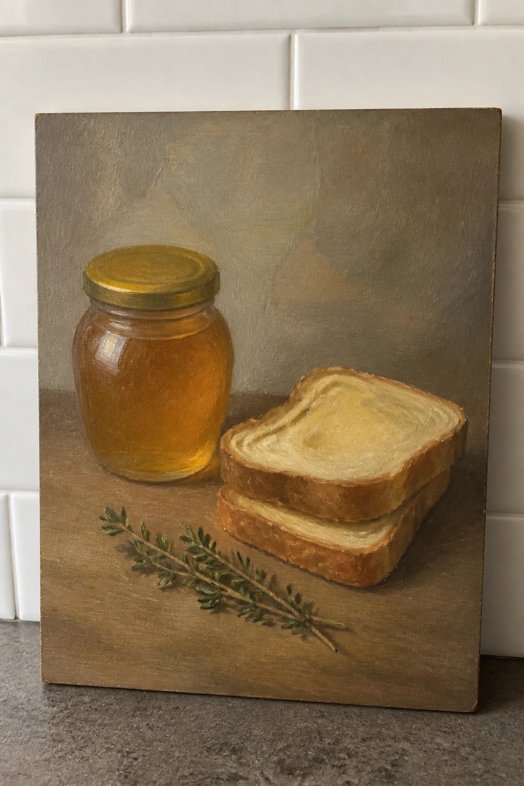Glass jar of honey beside toast slices and thyme sprig on wooden surface.