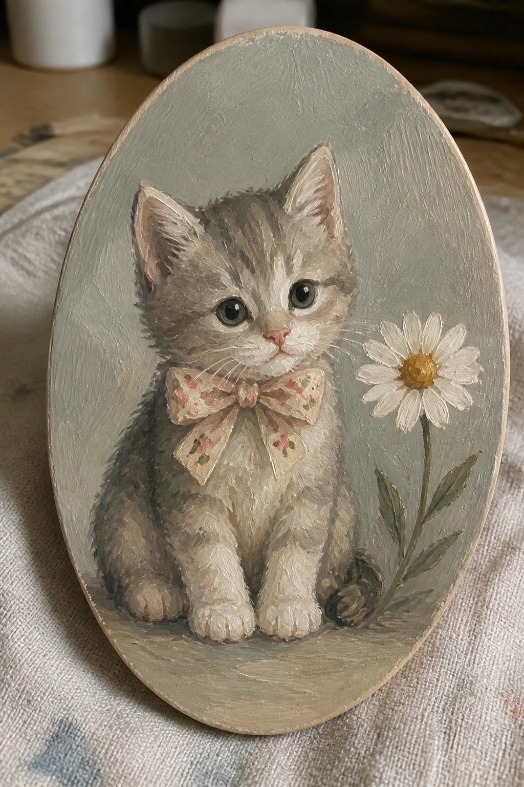 Oval painting of gray tabby kitten with floral bow beside white daisy on muted background