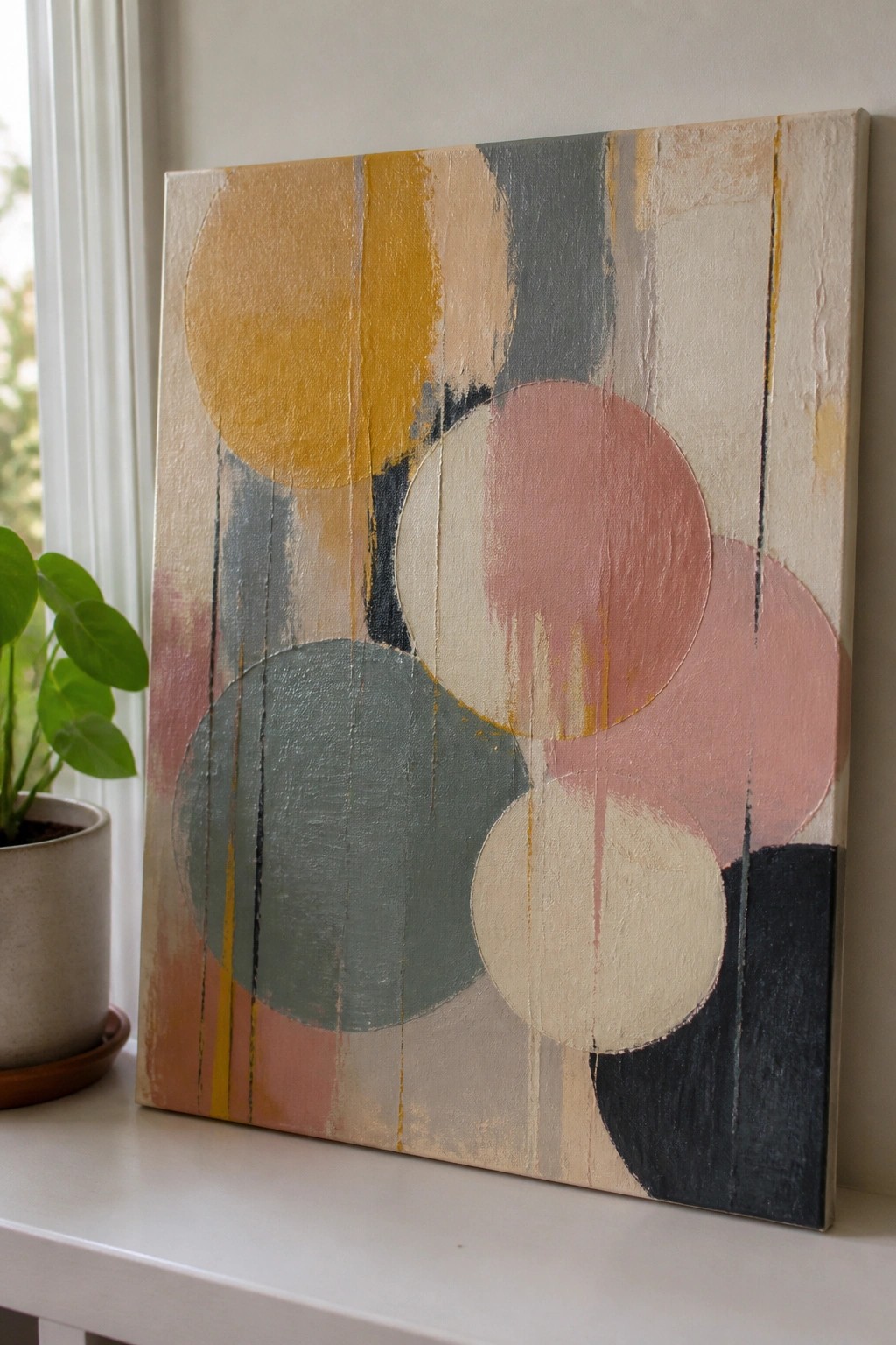 Abstract painting with yellow, pink, teal circles on canvas beside potted plant.