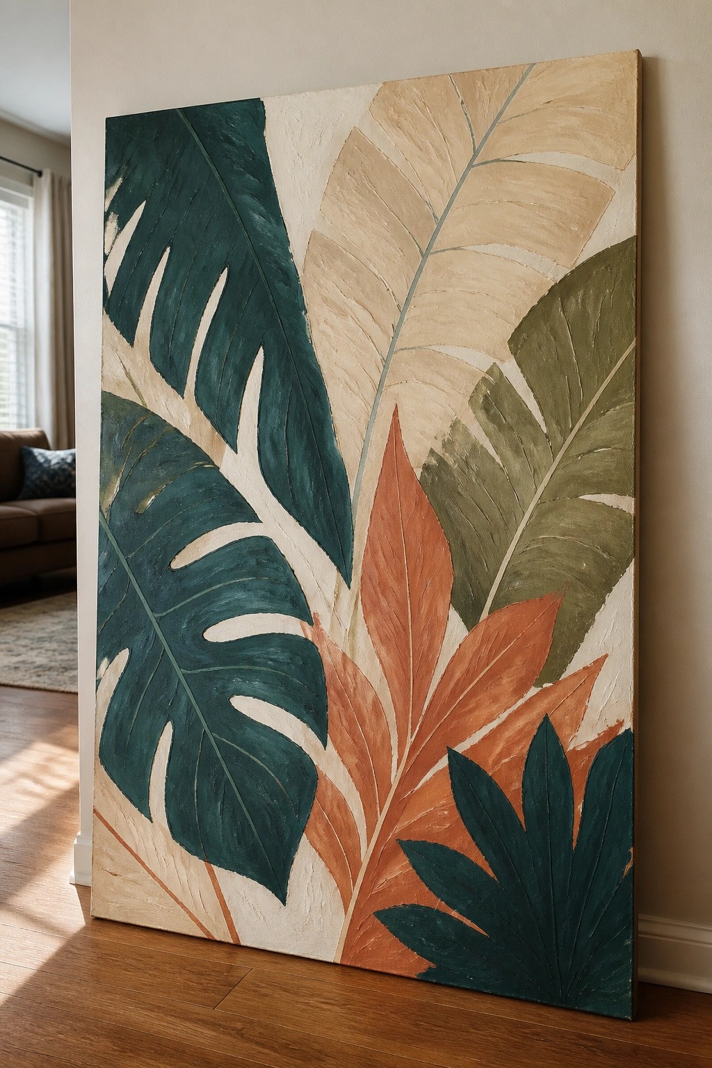 Large canvas painting of tropical leaves in green, beige, and orange tones leaning on wall