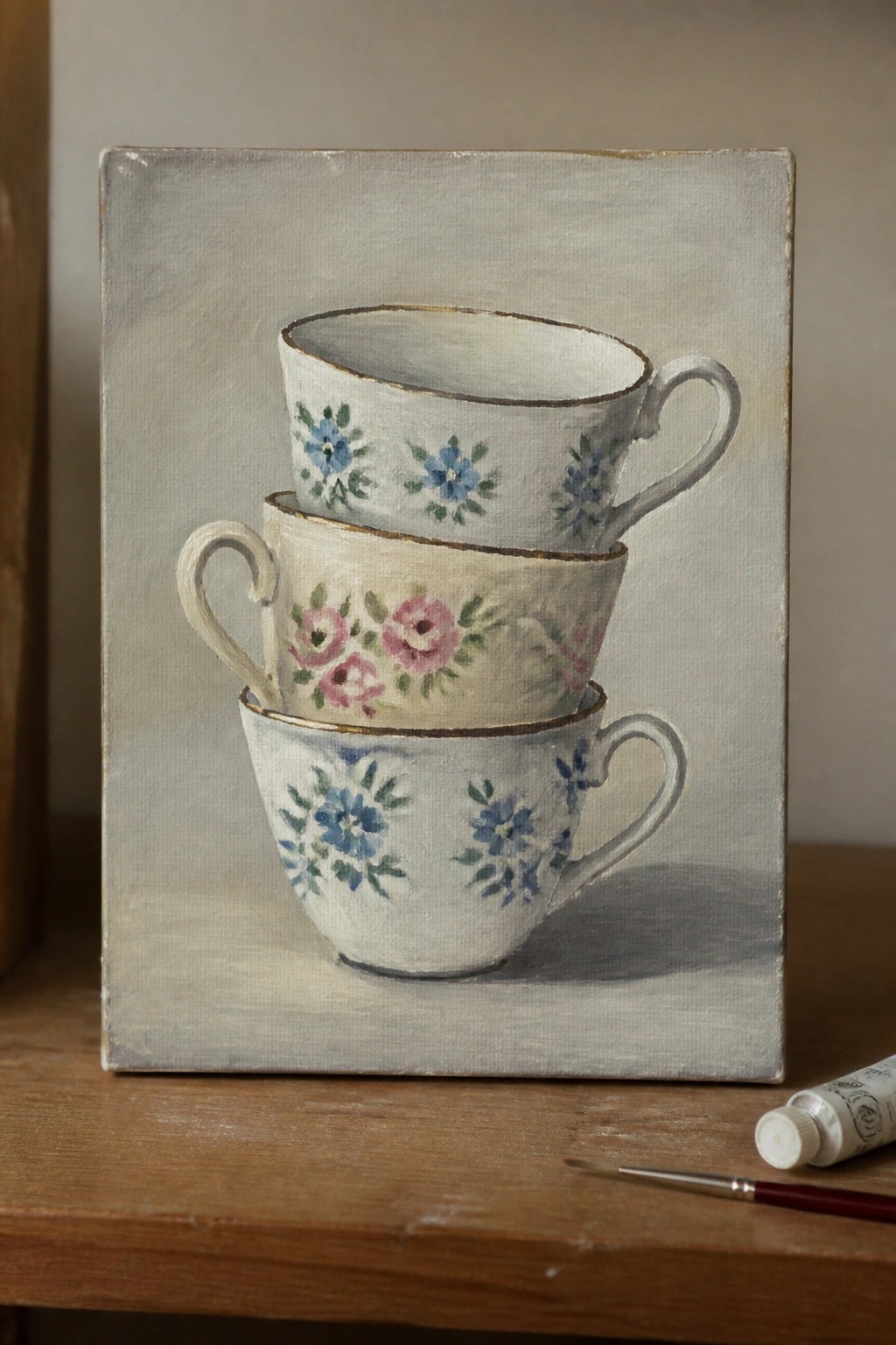 Three stacked floral teacups in an oil painting on wood with paint supplies