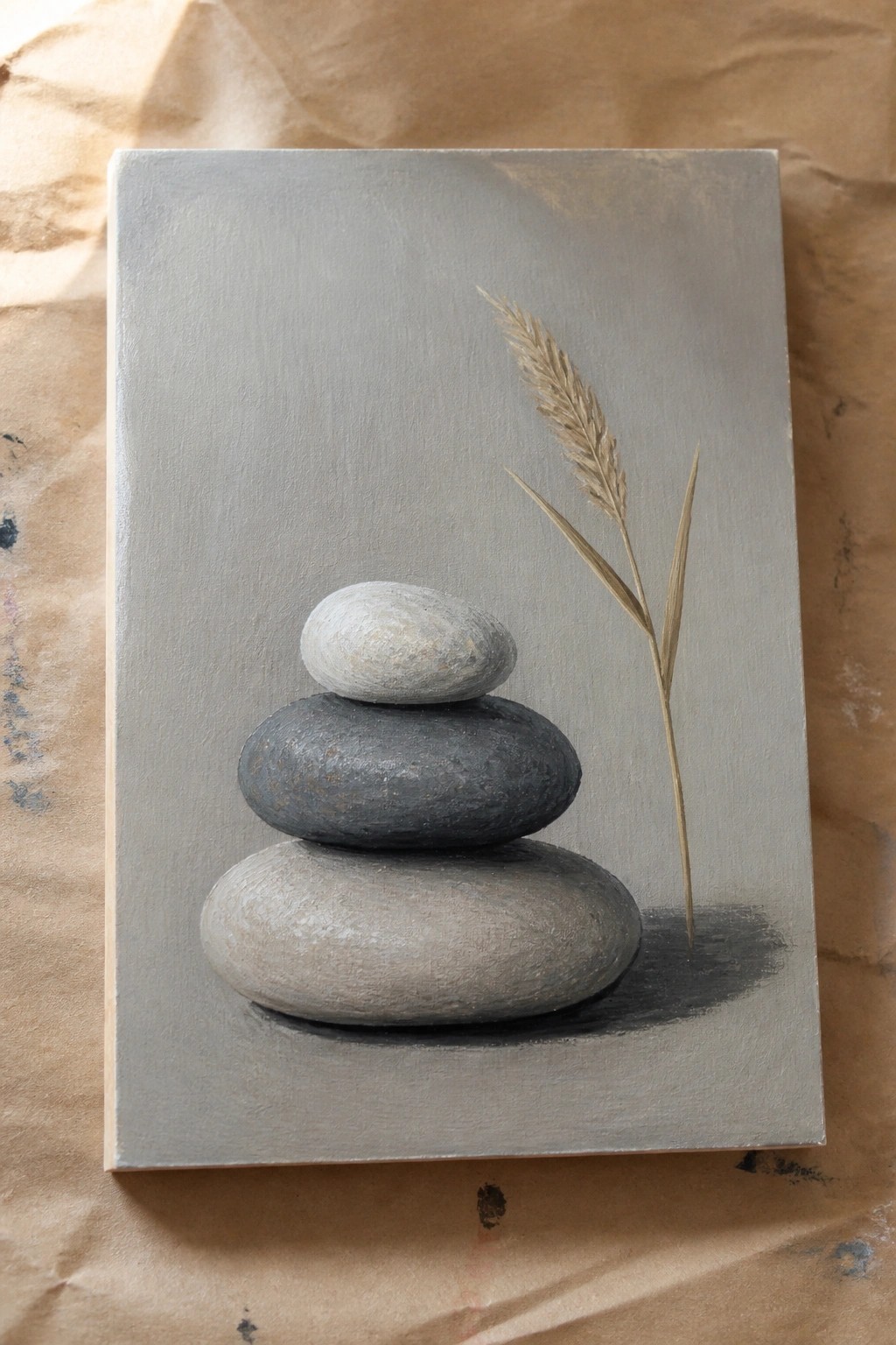Oil painting of three stacked stones with a wheat stalk beside them on a gray background.