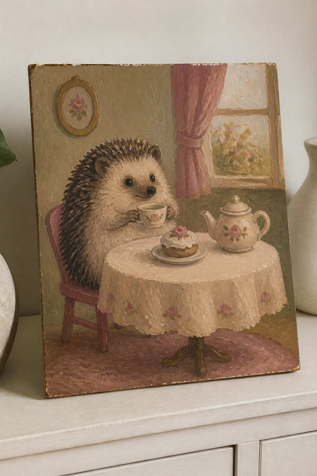 An oil painting of a hedgehog sitting at a table with a teacup, cake, and teapot in a room with a pink curtain and window.