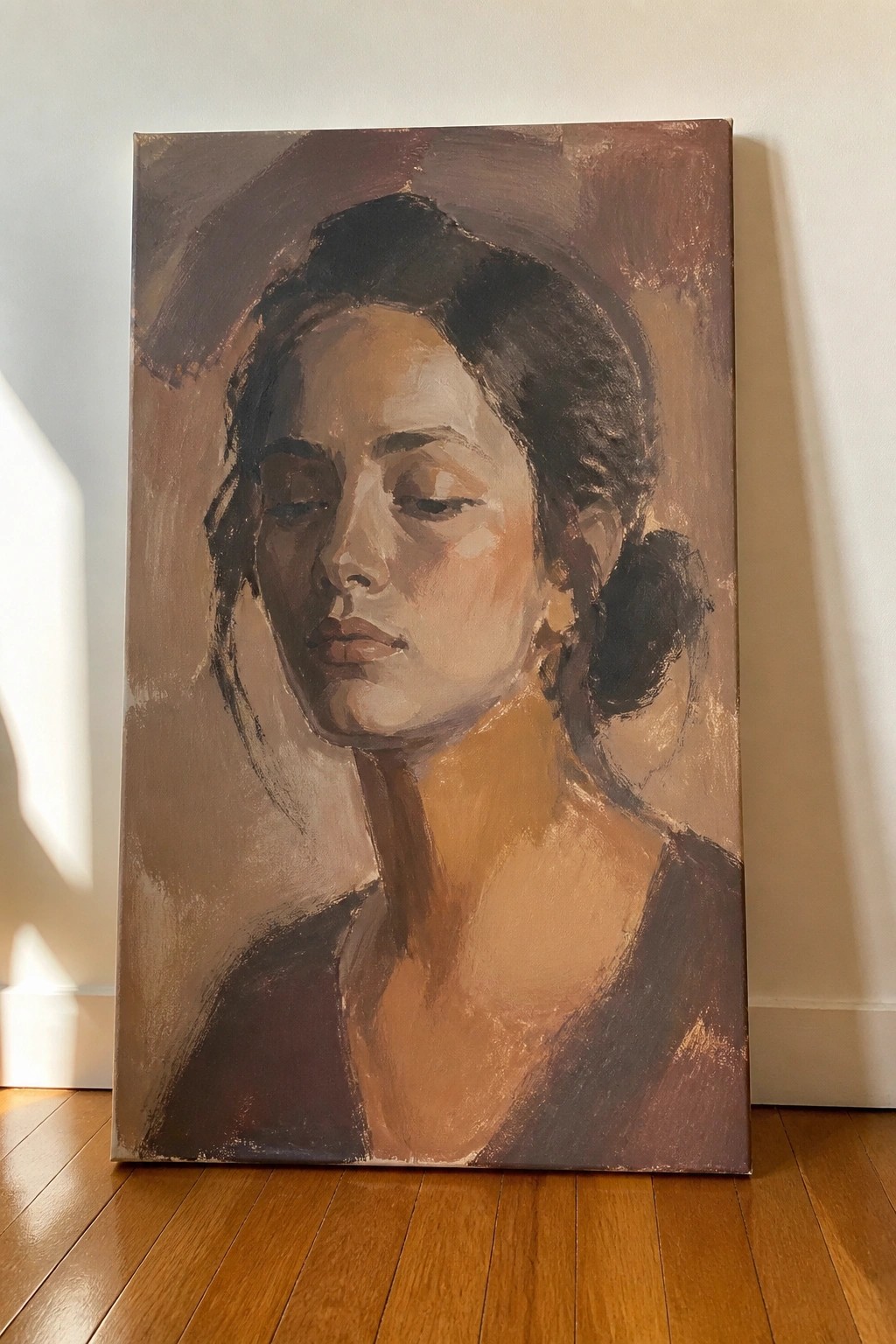 Oil painting of a serene woman with closed eyes in earthy brown tones on wooden floor
