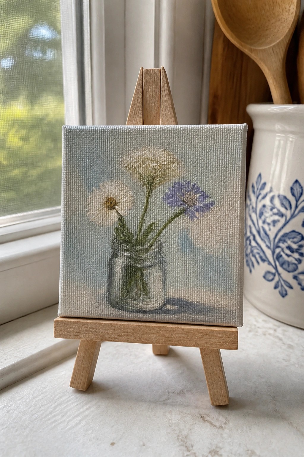 Small canvas on easel showing white and purple flowers in a glass jar