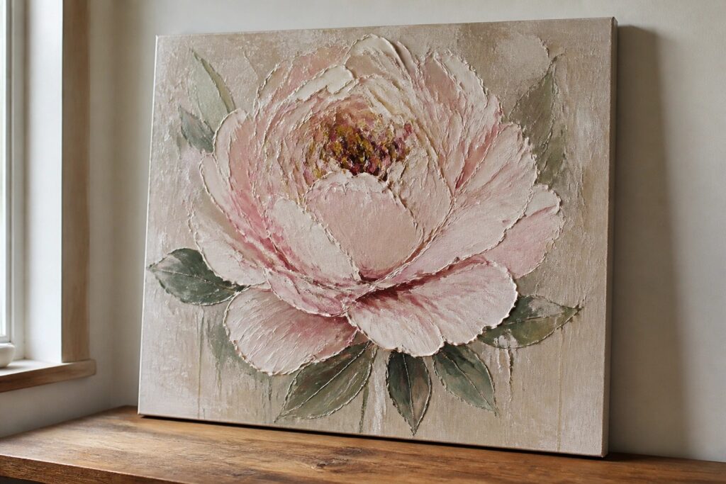 22 Textured Flower Painting Ideas Using Palette Knife Techniques Thickly textured impasto painting of a large pink peony with green leaves