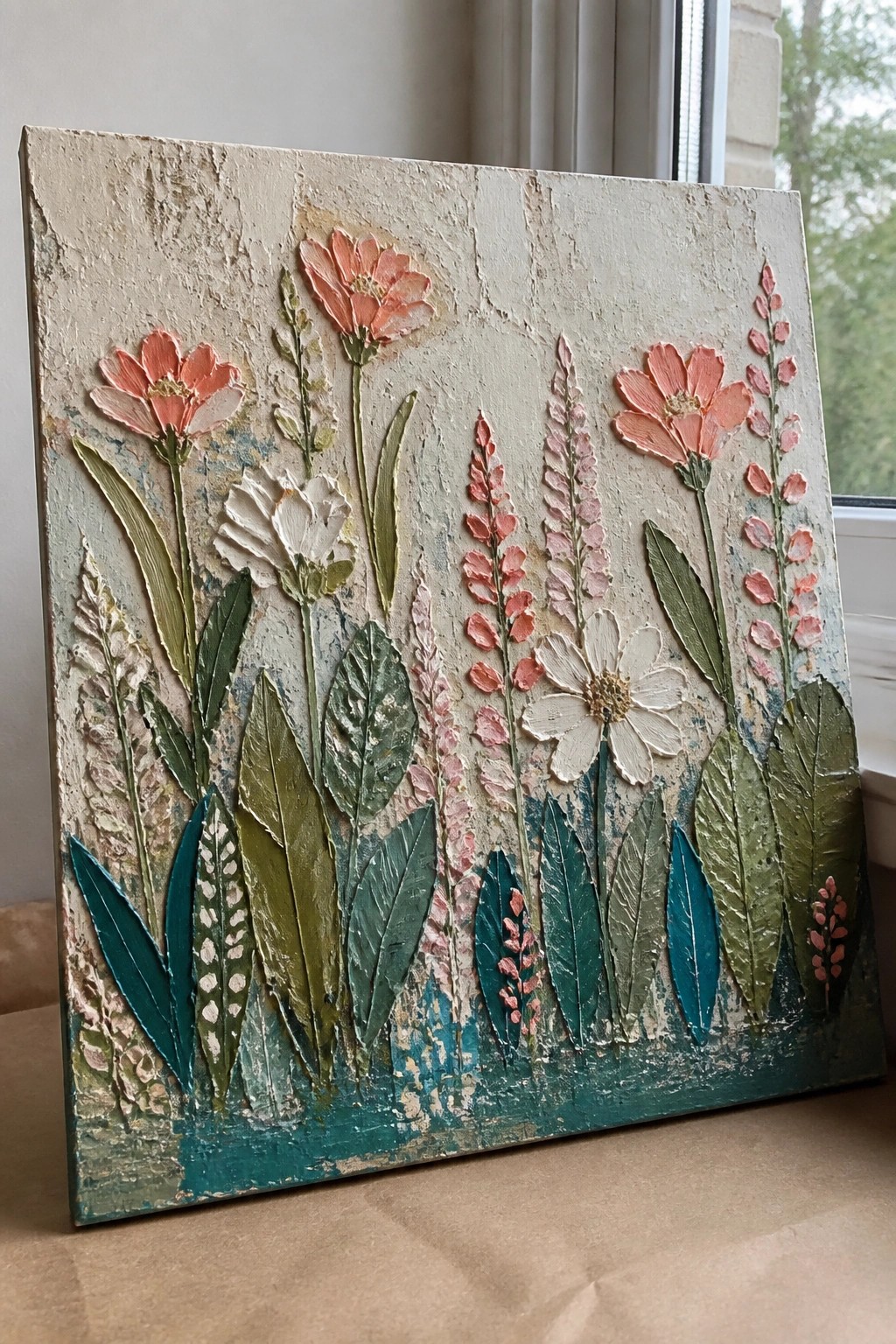 Textured floral painting with pink and white flowers, green teal leaves on beige canvas