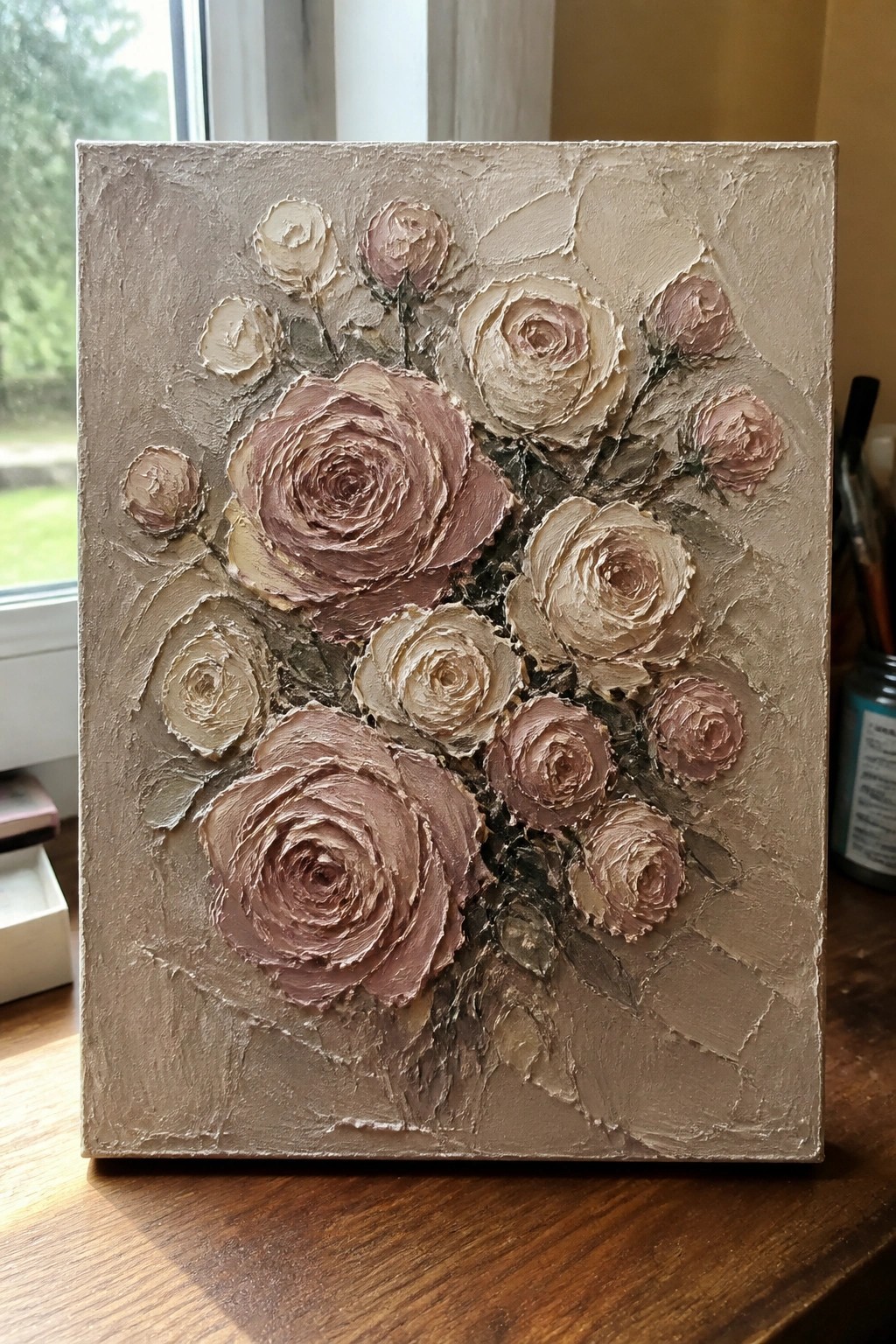 Textured impasto painting of clustered roses in soft pink, beige, and brown tones