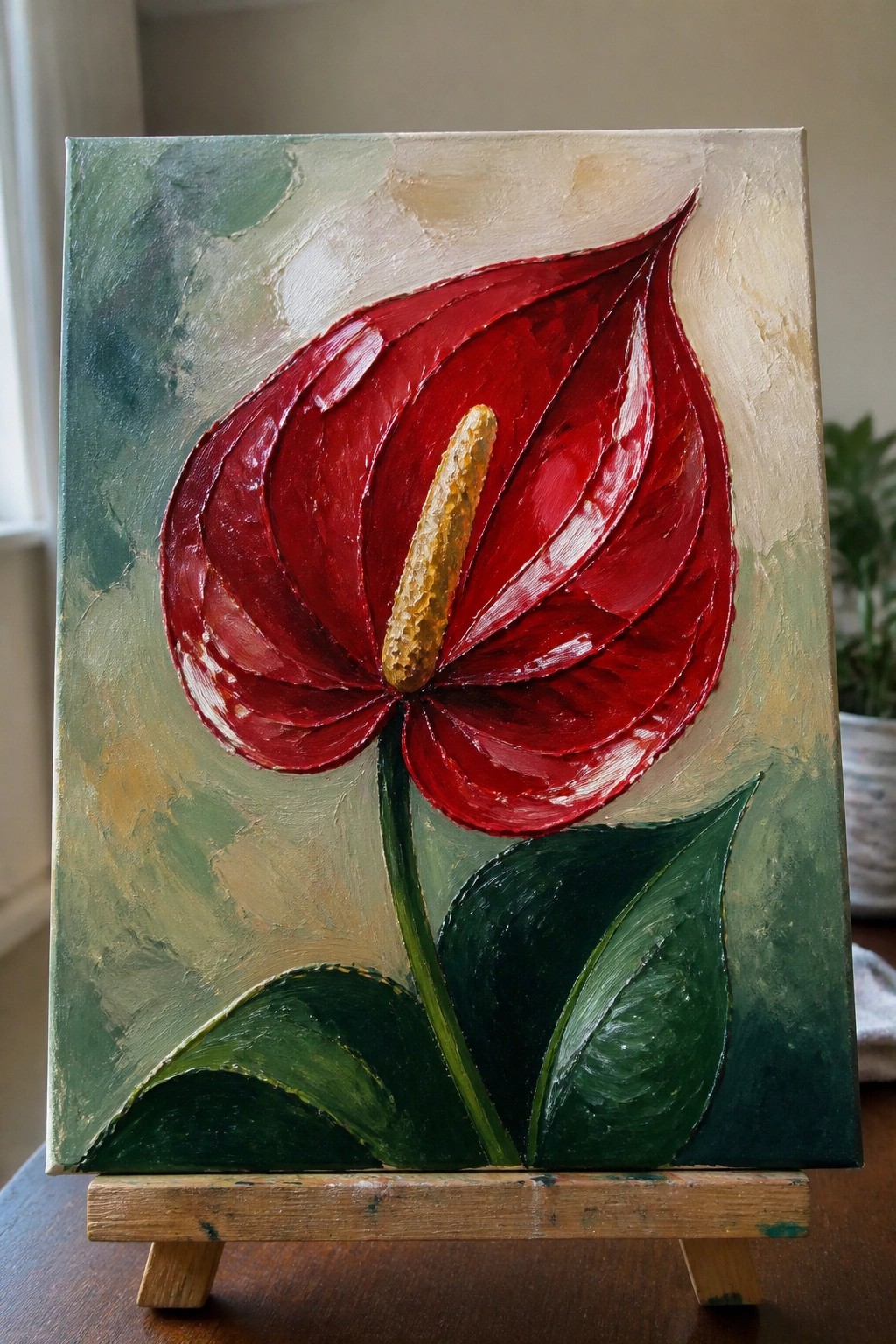 Thickly textured red anthurium painting with yellow spadix on wooden easel.