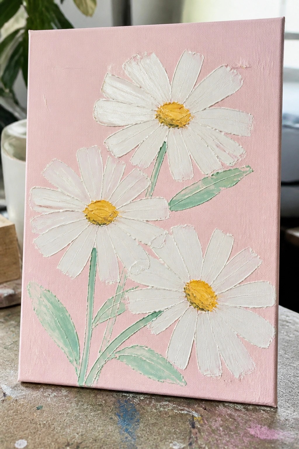Three white daisies with yellow centers and green leaves on pink canvas.