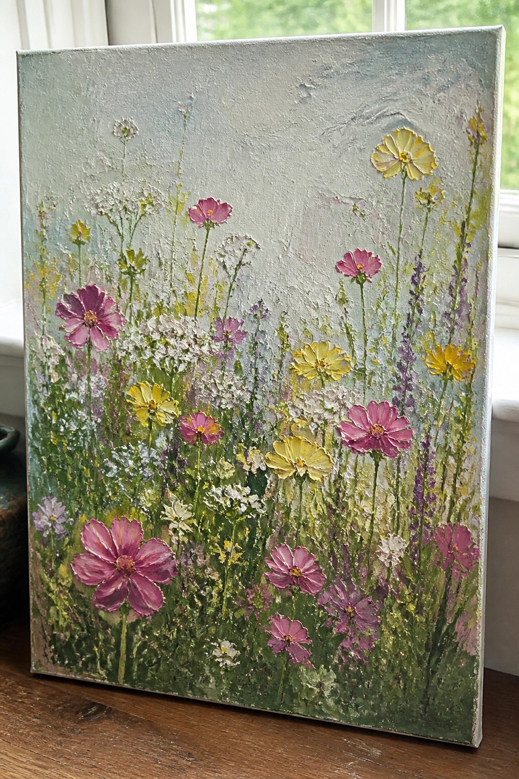 Vibrant wildflower meadow painting with pink, yellow, purple, and white blooms on canvas