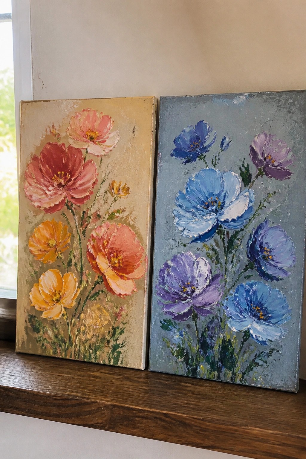 Two textured paintings of poppies side by side on a wooden shelf, one with warm red and orange flowers and the other with blue and purple flowers.
