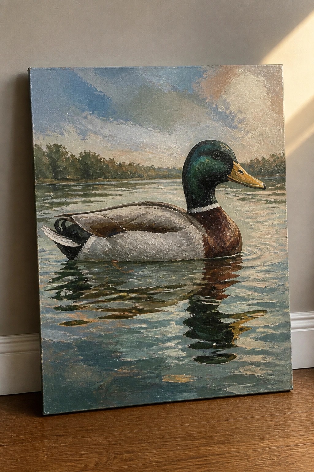 Oil painting of mallard duck with green head swimming on reflective water.