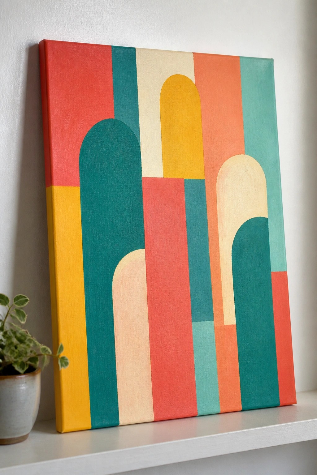 Abstract painting with colorful arches and stripes on canvas beside potted plant.