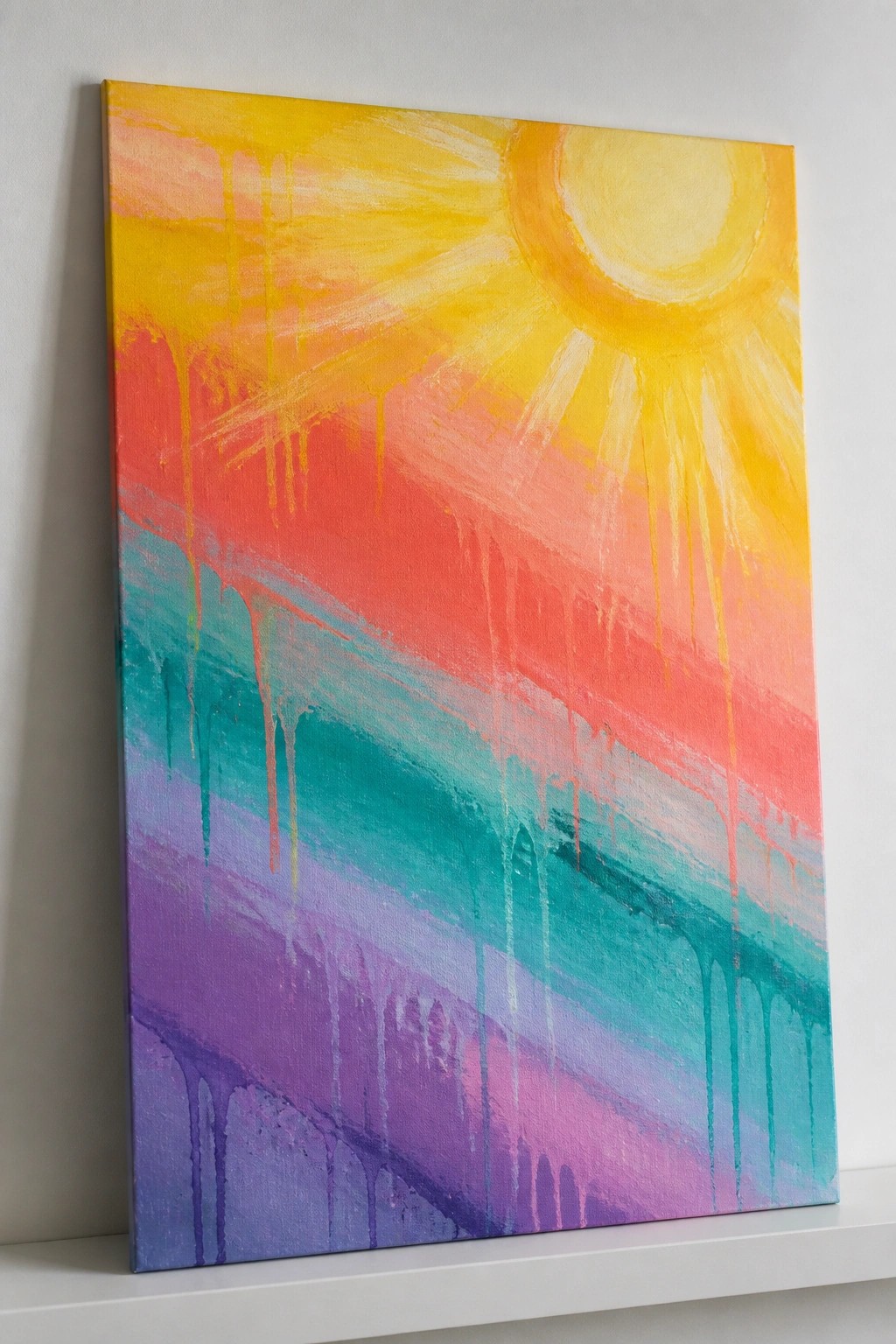 Abstract canvas painting of sun with dripping yellow orange red teal purple stripes