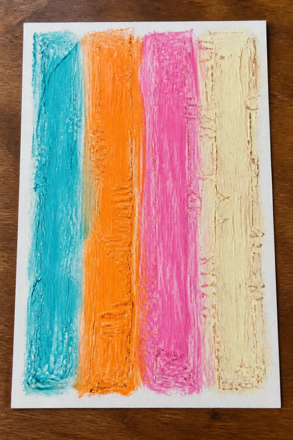 Abstract painting with four thick vertical stripes in turquoise, orange, pink, and cream on white paper.